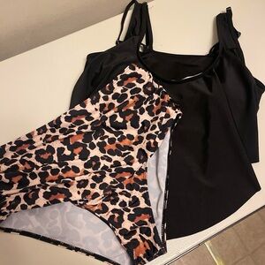 Black Tankini Top with High Waisted Leopard Print Bottom